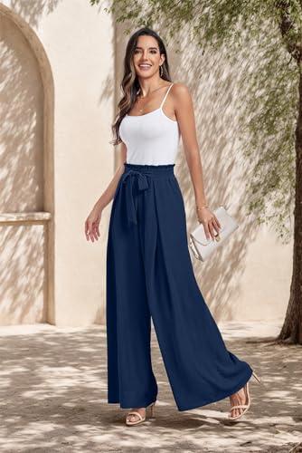 Lepunuo Wide Leg Pants for Women High Waisted Palazzo Pants Work Casual Flowy Tie Knot Trousers with Pockets
