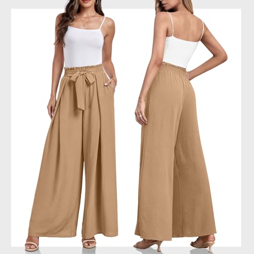 Lepunuo Wide Leg Pants for Women High Waisted Palazzo Pants Work Casual Flowy Tie Knot Trousers with Pockets