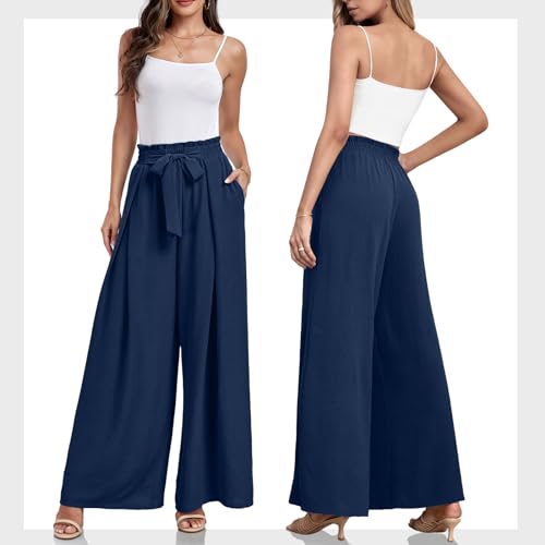 Lepunuo Wide Leg Pants for Women High Waisted Palazzo Pants Work Casual Flowy Tie Knot Trousers with Pockets