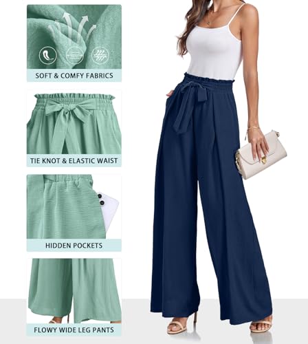 Lepunuo Wide Leg Pants for Women High Waisted Palazzo Pants Work Casual Flowy Tie Knot Trousers with Pockets
