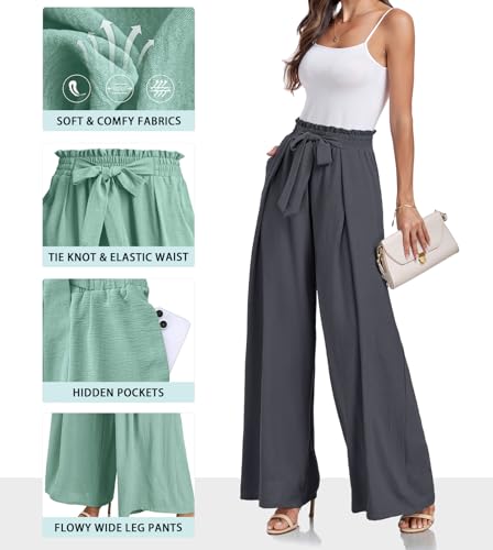 Lepunuo Wide Leg Pants for Women High Waisted Palazzo Pants Work Casual Flowy Tie Knot Trousers with Pockets