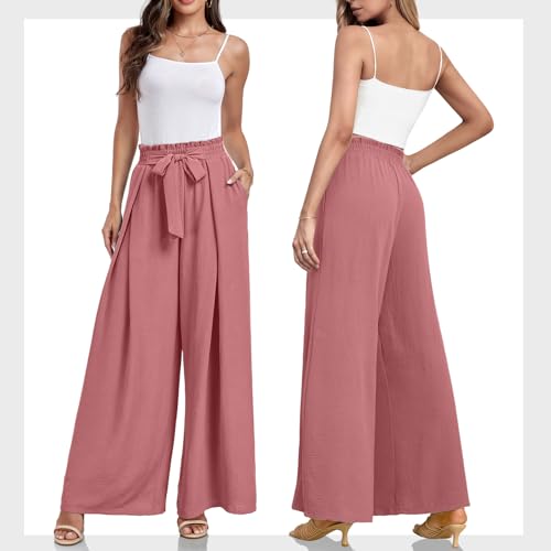 Lepunuo Wide Leg Pants for Women High Waisted Palazzo Pants Work Casual Flowy Tie Knot Trousers with Pockets