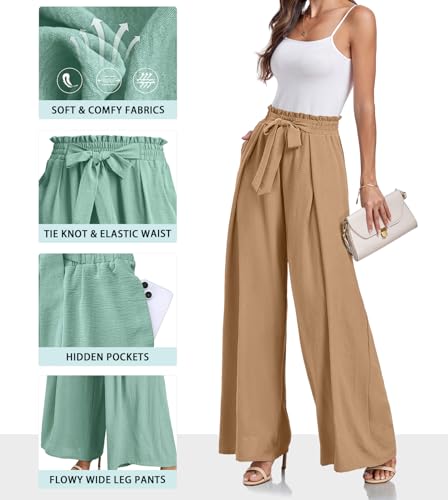 Lepunuo Wide Leg Pants for Women High Waisted Palazzo Pants Work Casual Flowy Tie Knot Trousers with Pockets