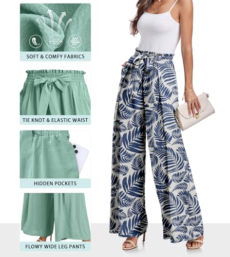 Lepunuo Wide Leg Pants for Women High Waisted Palazzo Pants Work Casual Flowy Tie Knot Trousers with Pockets