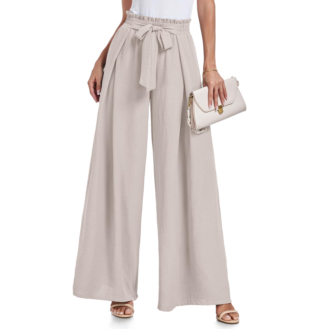 Lepunuo Wide Leg Pants for Women High Waisted Palazzo Pants Work Casual Flowy Tie Knot Trousers with Pockets