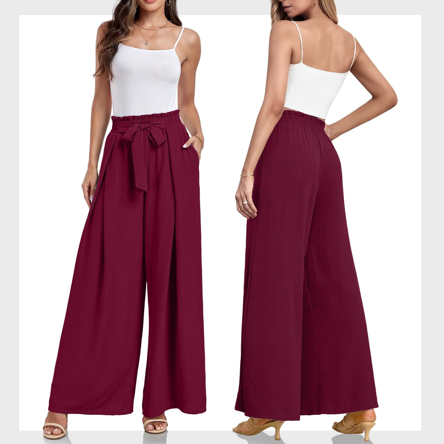 Lepunuo Wide Leg Pants for Women High Waisted Palazzo Pants Work Casual Flowy Tie Knot Trousers with Pockets