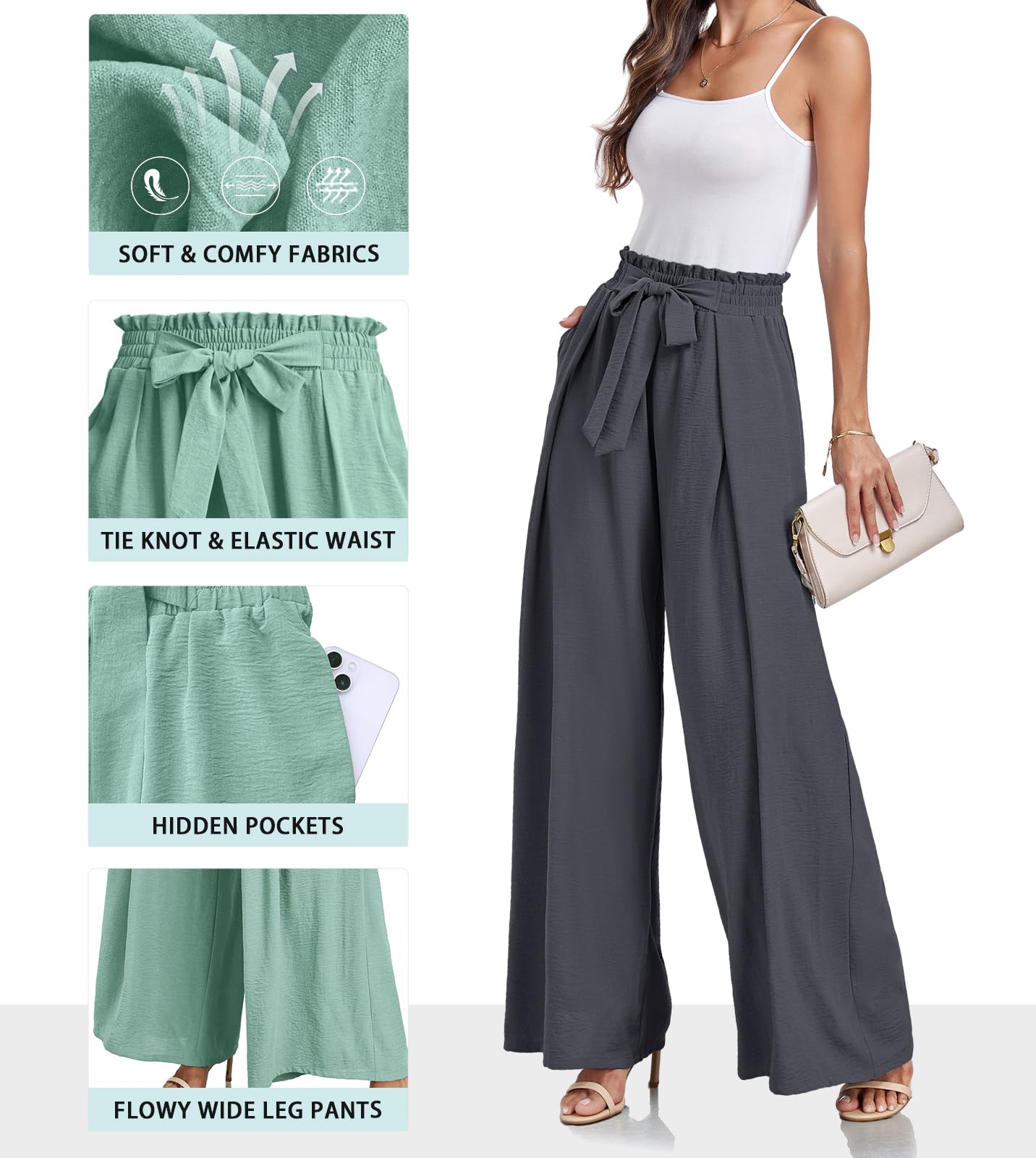 Lepunuo Wide Leg Pants for Women High Waisted Palazzo Pants Work Casual Flowy Tie Knot Trousers with Pockets