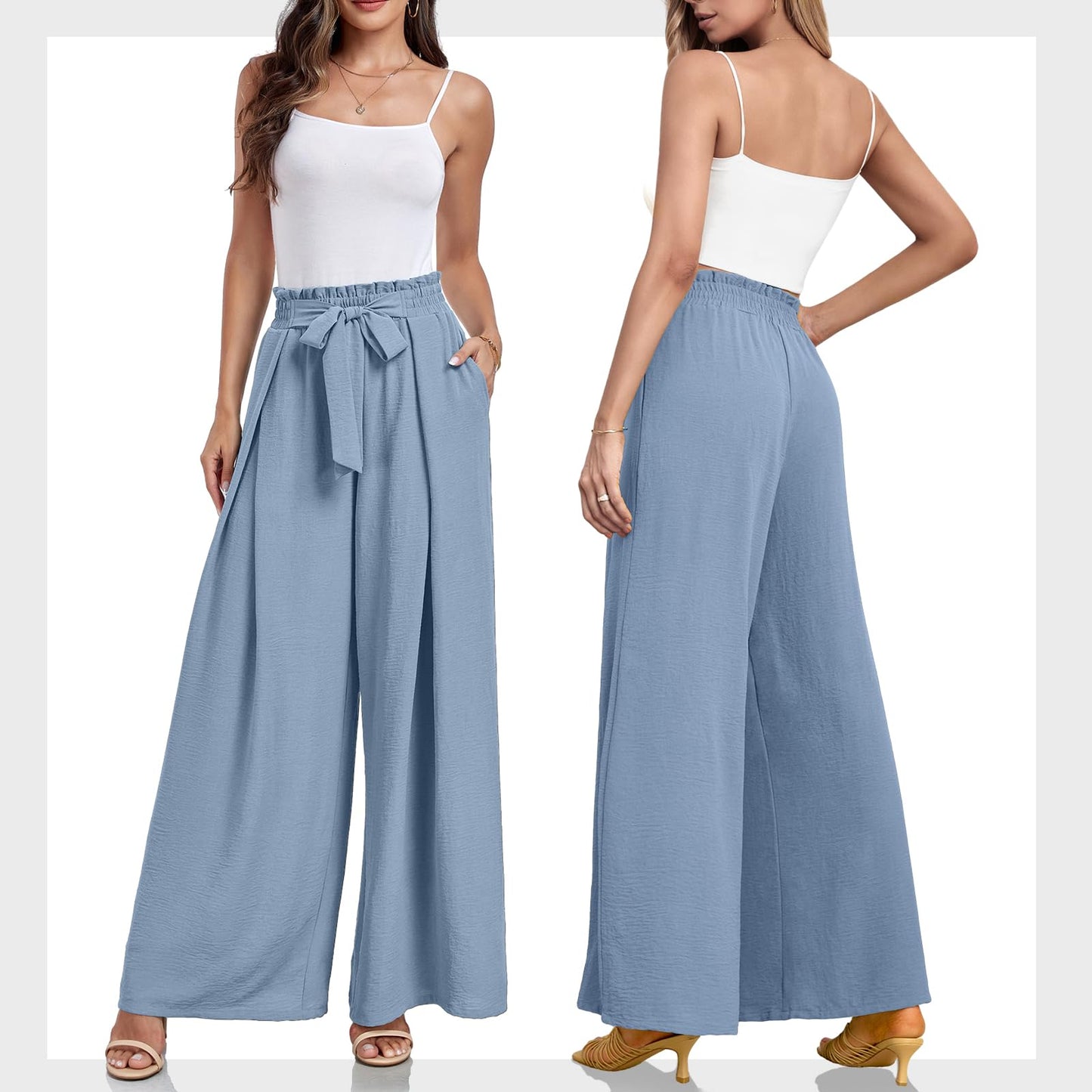 Lepunuo Wide Leg Pants for Women High Waisted Palazzo Pants Work Casual Flowy Tie Knot Trousers with Pockets
