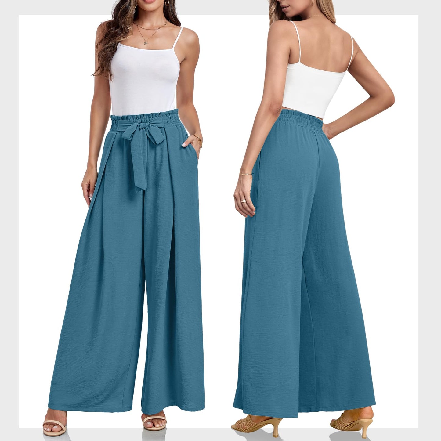 Lepunuo Wide Leg Pants for Women High Waisted Palazzo Pants Work Casual Flowy Tie Knot Trousers with Pockets