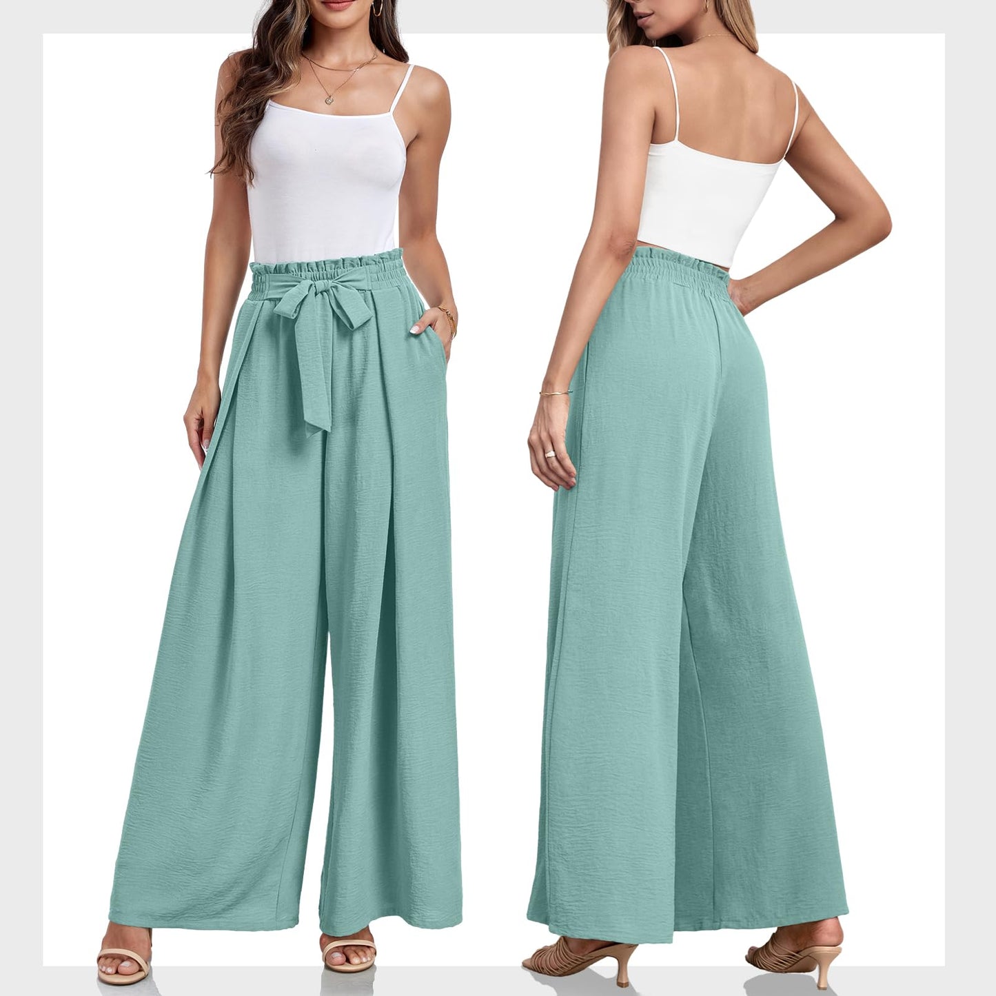 Lepunuo Wide Leg Pants for Women High Waisted Palazzo Pants Work Casual Flowy Tie Knot Trousers with Pockets