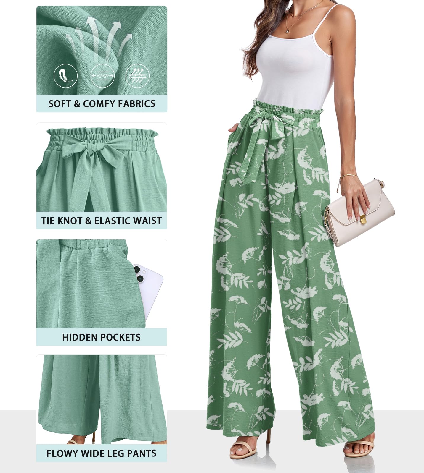 Lepunuo Wide Leg Pants for Women High Waisted Palazzo Pants Work Casual Flowy Tie Knot Trousers with Pockets