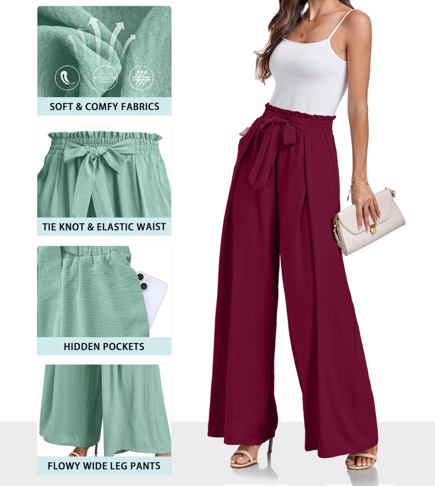 Lepunuo Wide Leg Pants for Women High Waisted Palazzo Pants Work Casual Flowy Tie Knot Trousers with Pockets