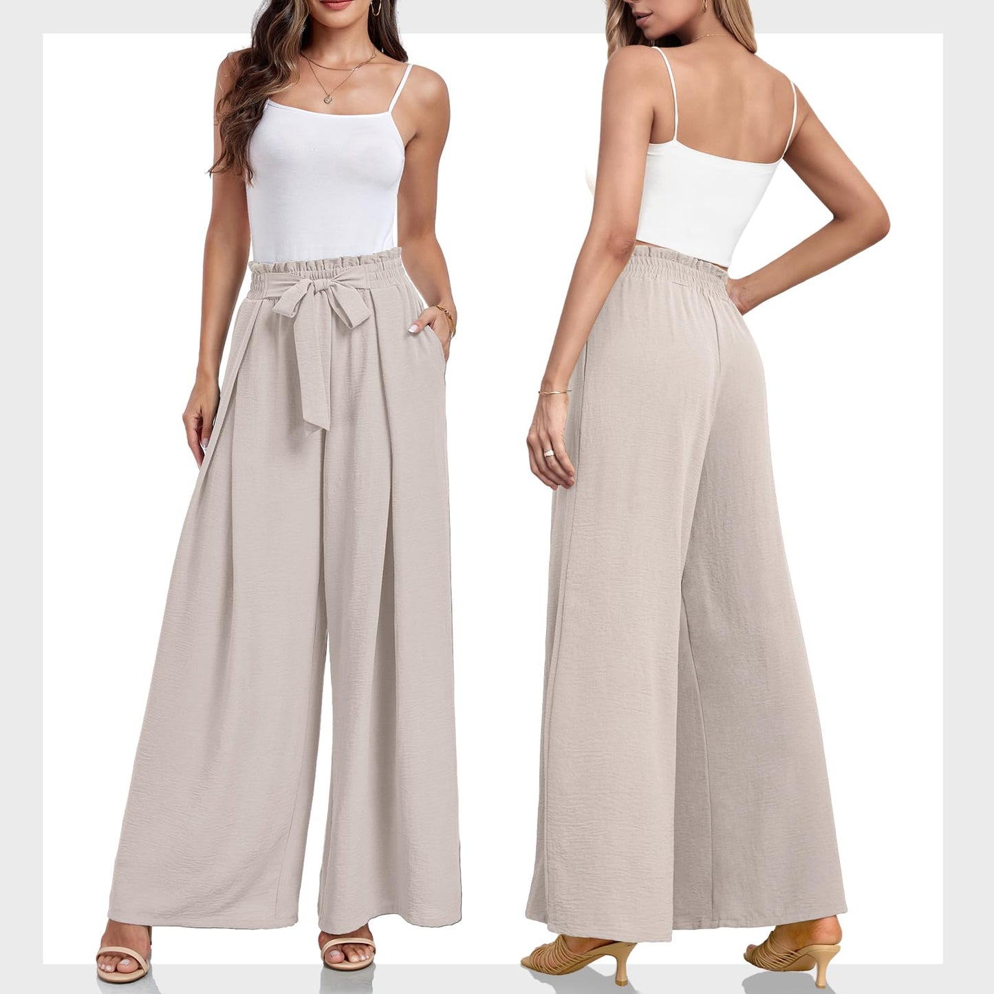 Lepunuo Wide Leg Pants for Women High Waisted Palazzo Pants Work Casual Flowy Tie Knot Trousers with Pockets