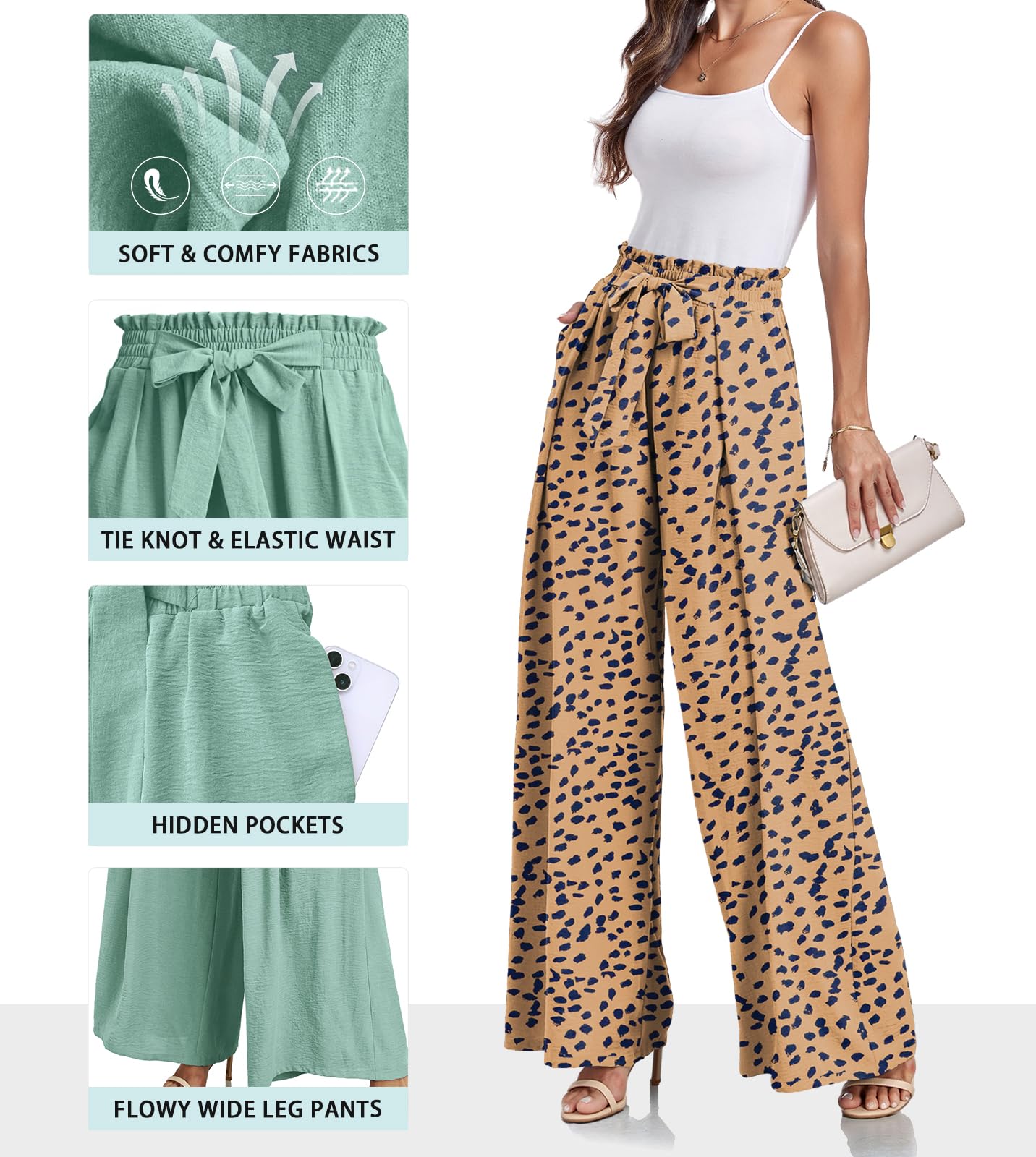Lepunuo Wide Leg Pants for Women High Waisted Palazzo Pants Work Casual Flowy Tie Knot Trousers with Pockets