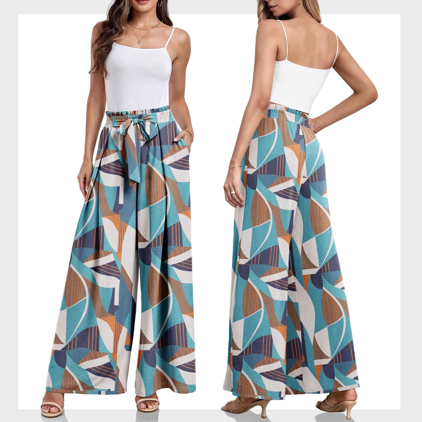 Lepunuo Wide Leg Pants for Women High Waisted Palazzo Pants Work Casual Flowy Tie Knot Trousers with Pockets