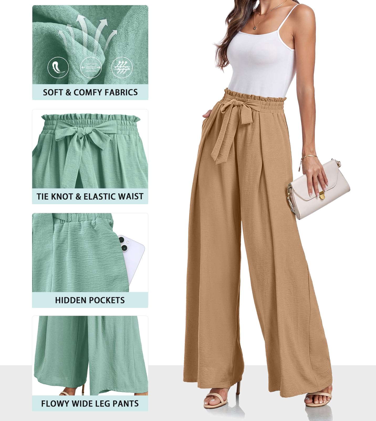 Lepunuo Wide Leg Pants for Women High Waisted Palazzo Pants Work Casual Flowy Tie Knot Trousers with Pockets