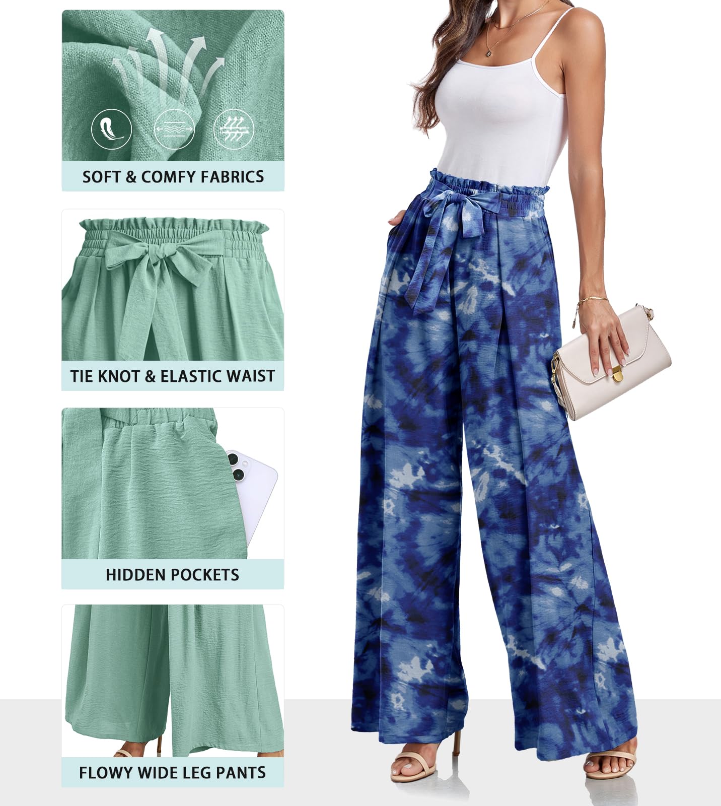 Lepunuo Wide Leg Pants for Women High Waisted Palazzo Pants Work Casual Flowy Tie Knot Trousers with Pockets