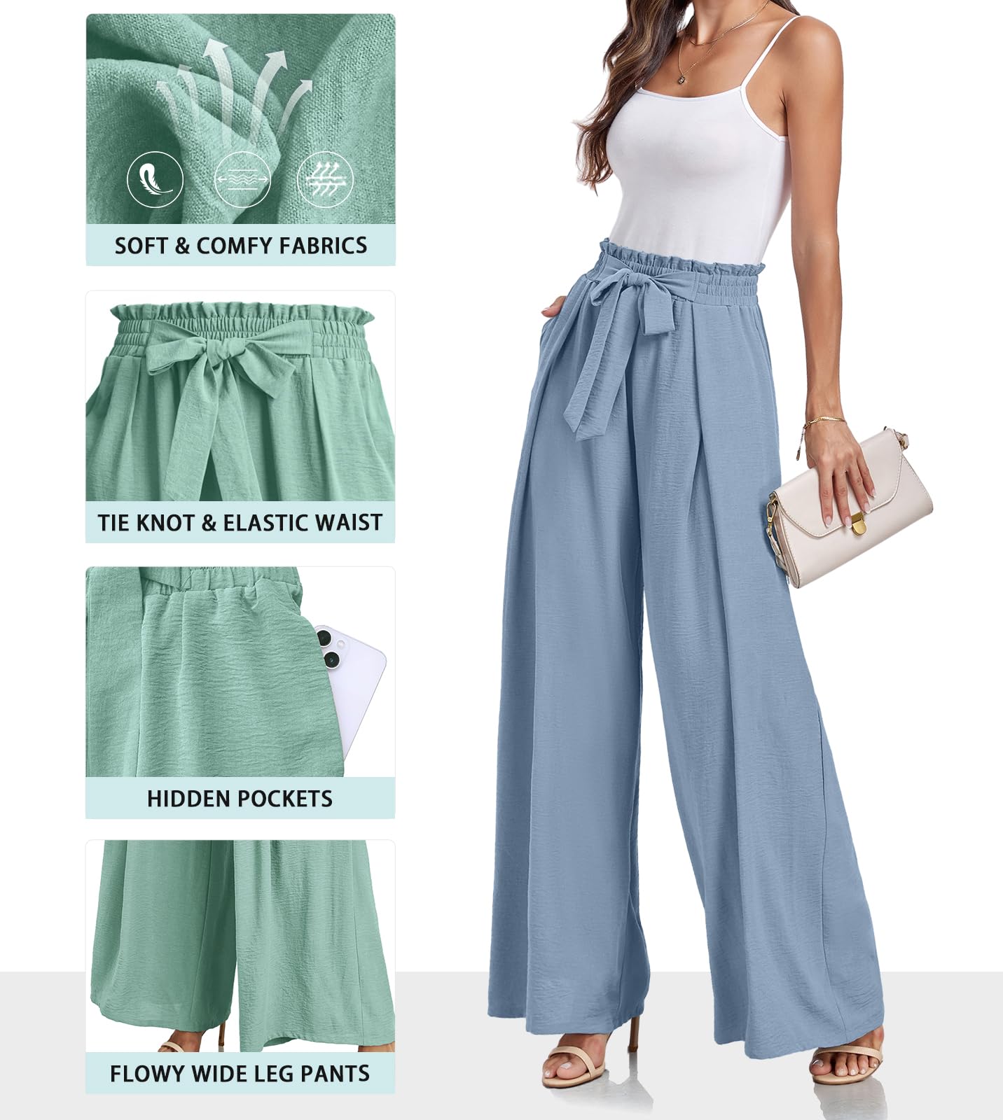 Lepunuo Wide Leg Pants for Women High Waisted Palazzo Pants Work Casual Flowy Tie Knot Trousers with Pockets