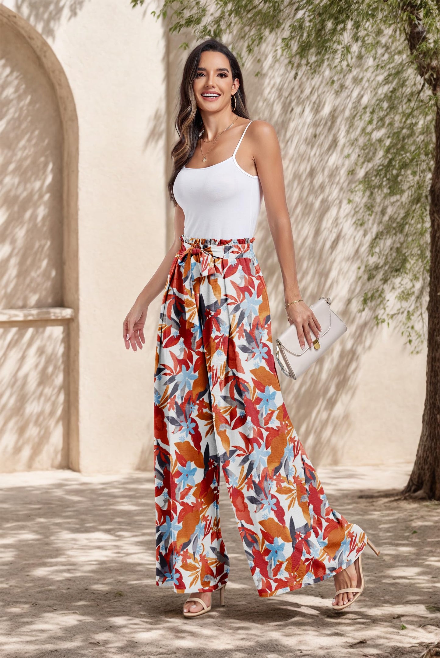 Lepunuo Wide Leg Pants for Women High Waisted Palazzo Pants Work Casual Flowy Tie Knot Trousers with Pockets