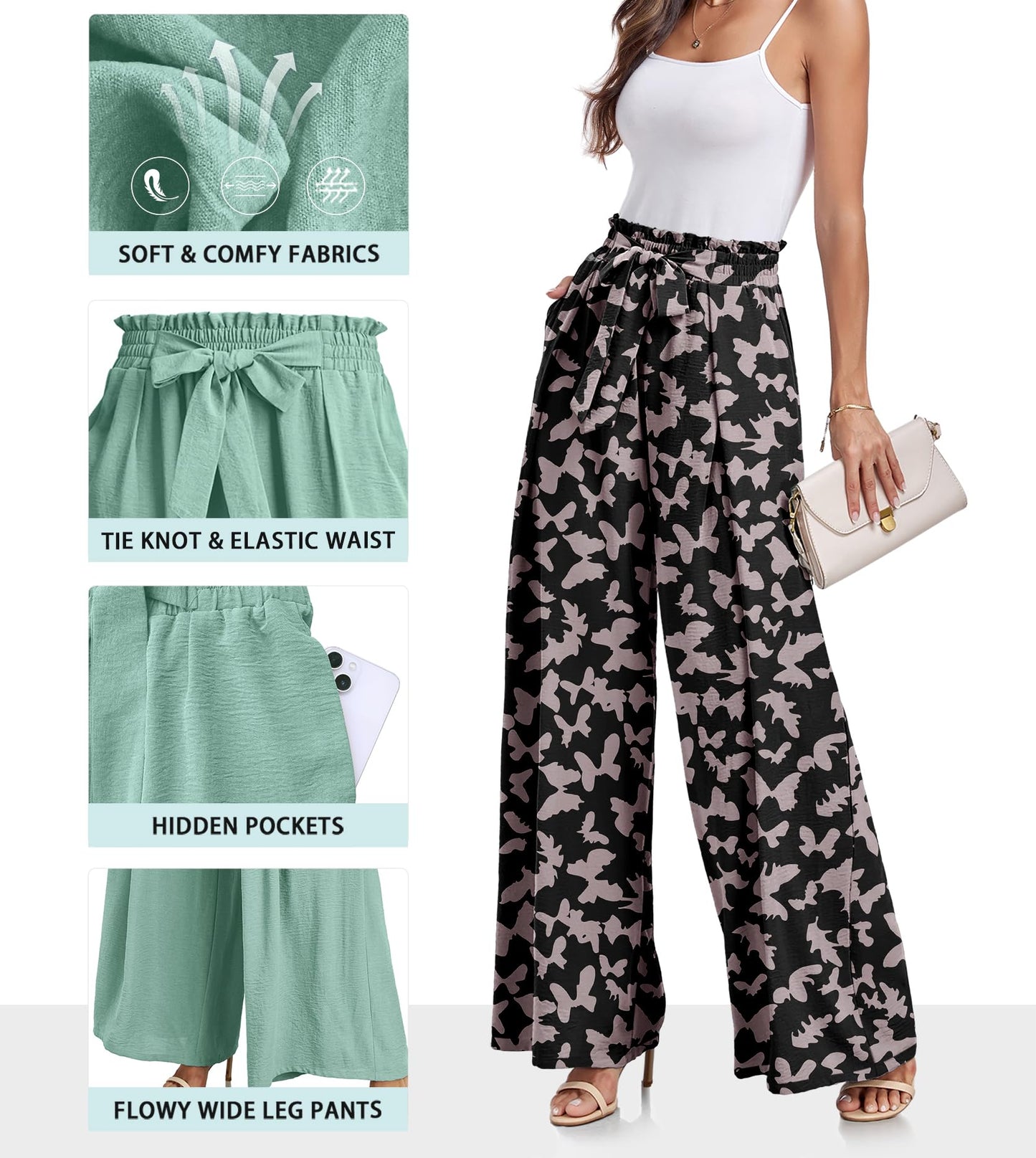Lepunuo Wide Leg Pants for Women High Waisted Palazzo Pants Work Casual Flowy Tie Knot Trousers with Pockets
