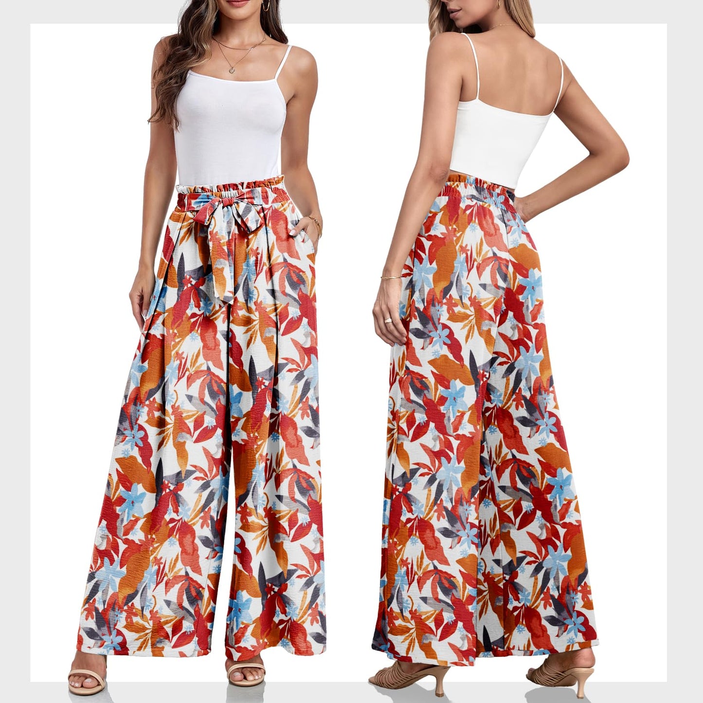 Lepunuo Wide Leg Pants for Women High Waisted Palazzo Pants Work Casual Flowy Tie Knot Trousers with Pockets
