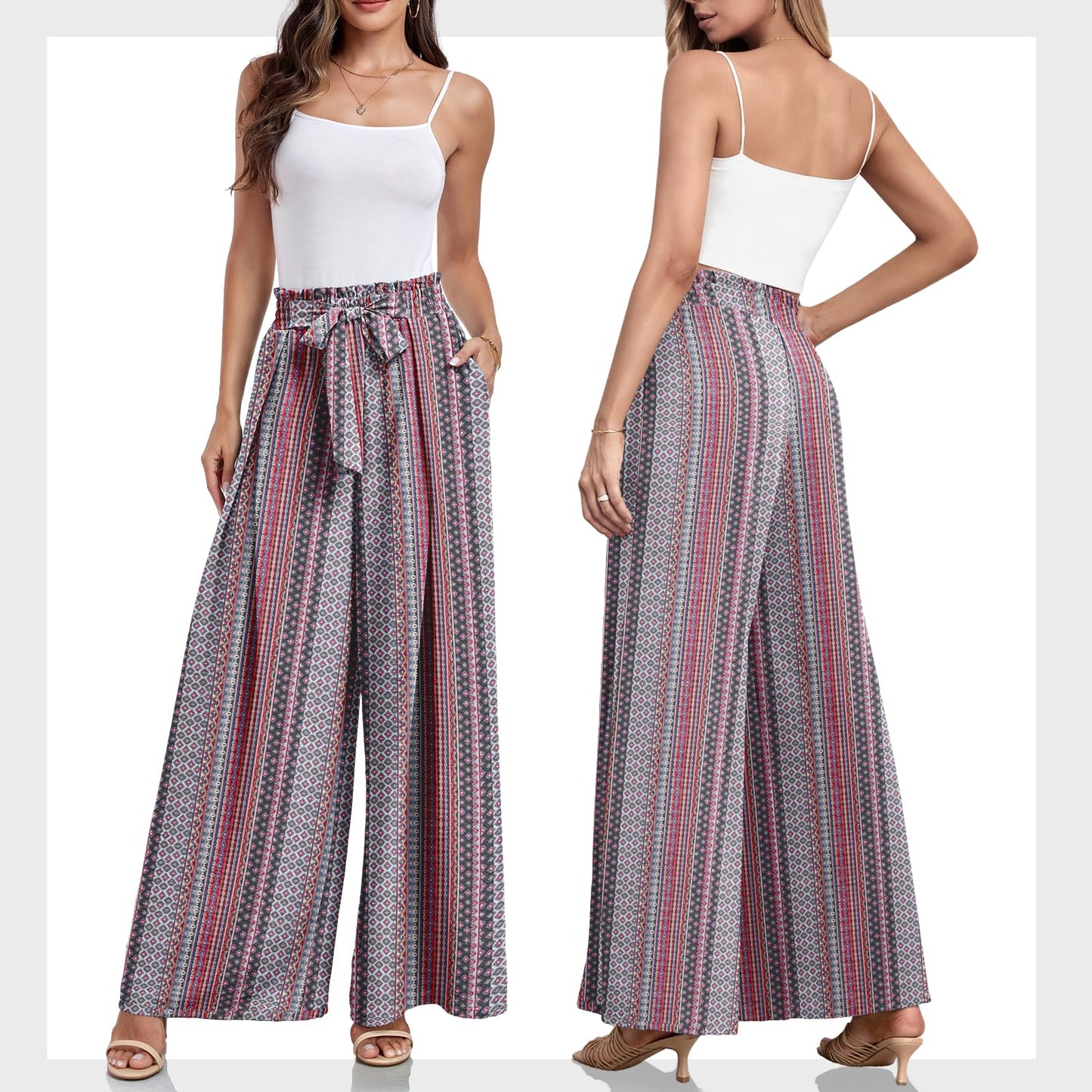 Lepunuo Wide Leg Pants for Women High Waisted Palazzo Pants Work Casual Flowy Tie Knot Trousers with Pockets