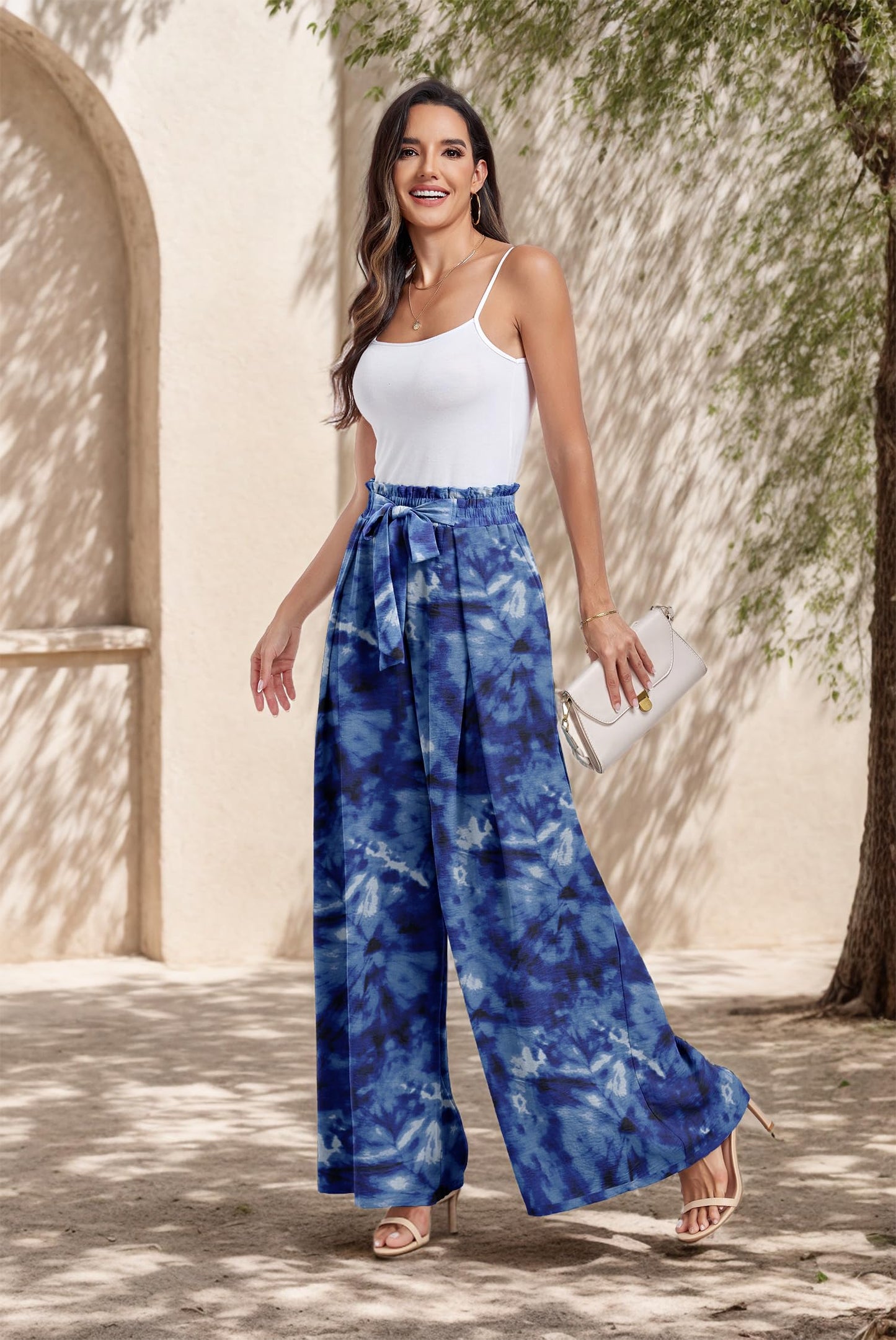 Lepunuo Wide Leg Pants for Women High Waisted Palazzo Pants Work Casual Flowy Tie Knot Trousers with Pockets