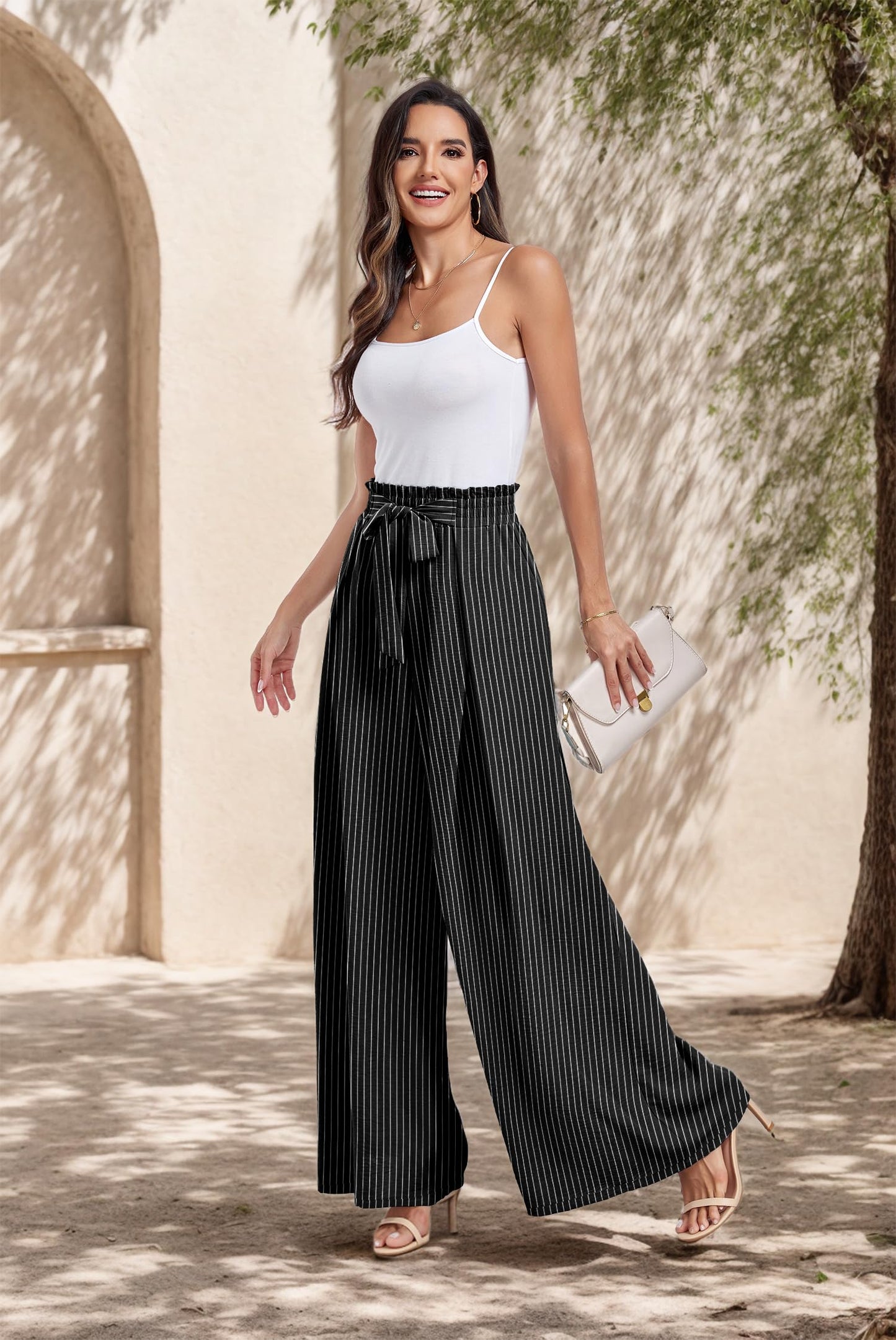Lepunuo Wide Leg Pants for Women High Waisted Palazzo Pants Work Casual Flowy Tie Knot Trousers with Pockets