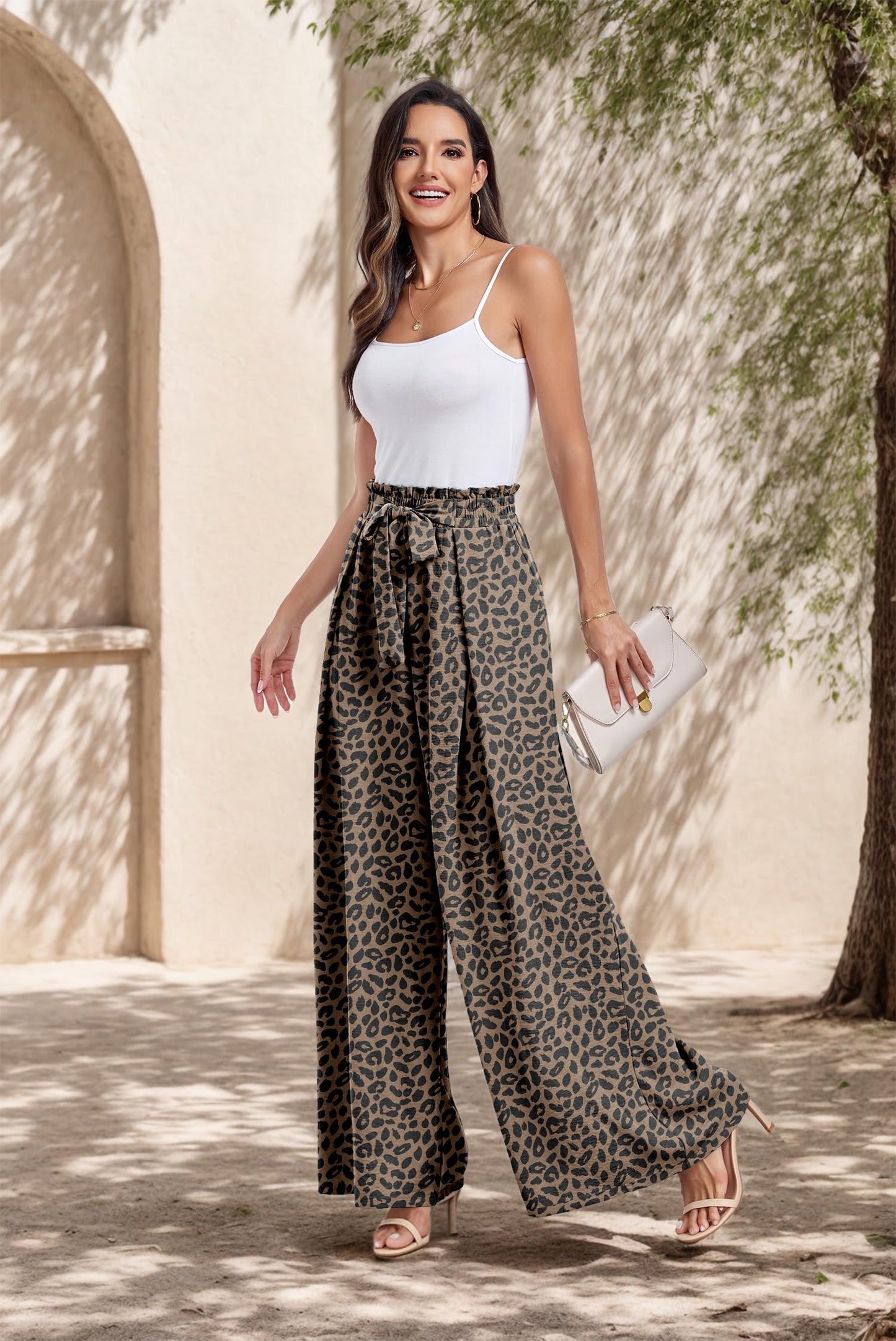 Lepunuo Wide Leg Pants for Women High Waisted Palazzo Pants Work Casual Flowy Tie Knot Trousers with Pockets