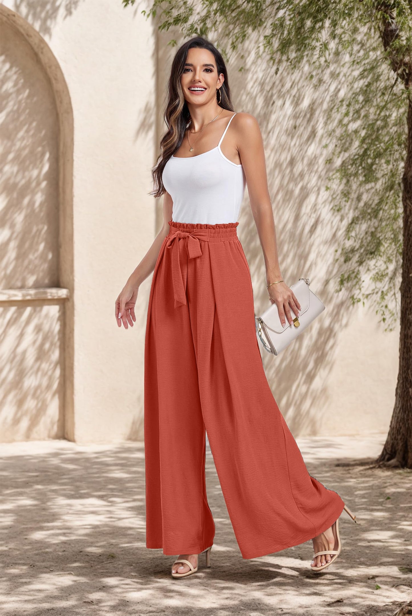 Lepunuo Wide Leg Pants for Women High Waisted Palazzo Pants Work Casual Flowy Tie Knot Trousers with Pockets