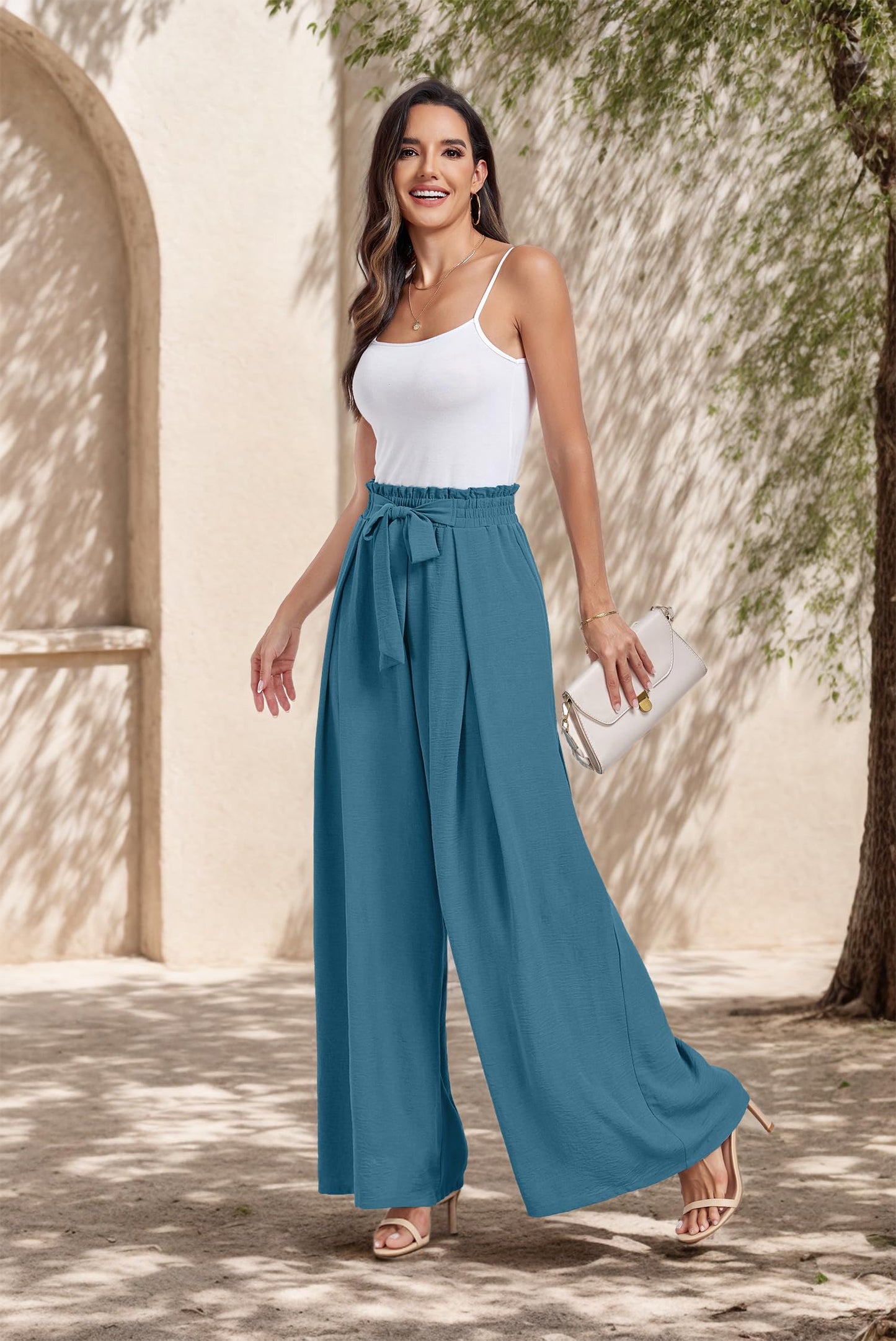 Lepunuo Wide Leg Pants for Women High Waisted Palazzo Pants Work Casual Flowy Tie Knot Trousers with Pockets