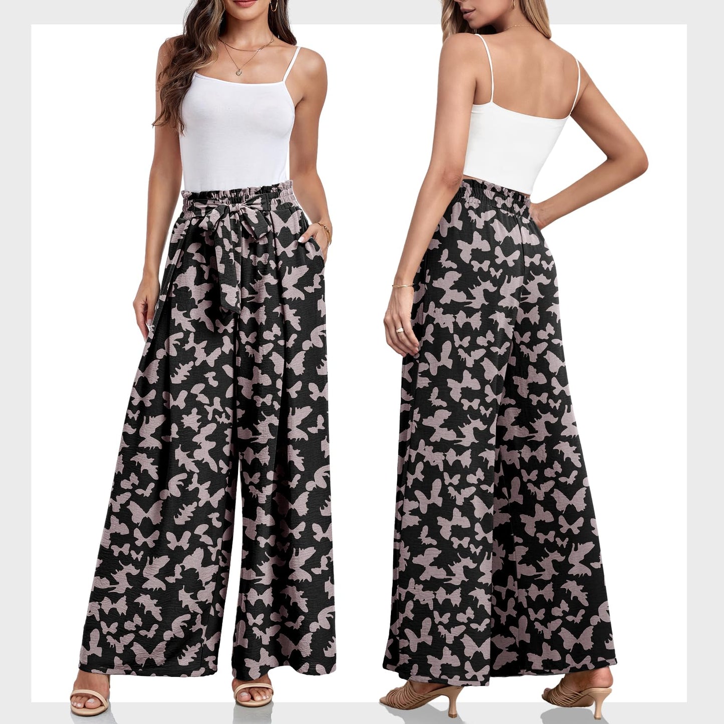 Lepunuo Wide Leg Pants for Women High Waisted Palazzo Pants Work Casual Flowy Tie Knot Trousers with Pockets