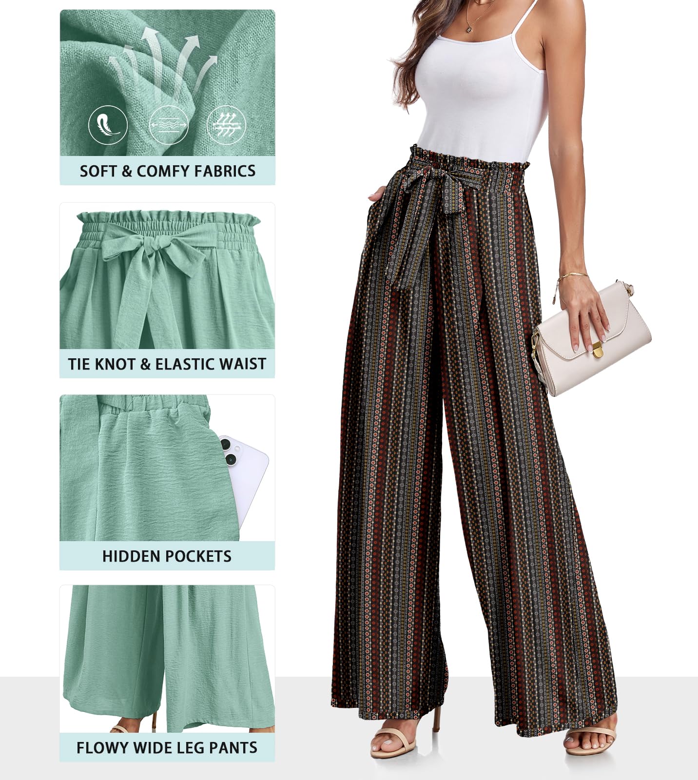 Lepunuo Wide Leg Pants for Women High Waisted Palazzo Pants Work Casual Flowy Tie Knot Trousers with Pockets