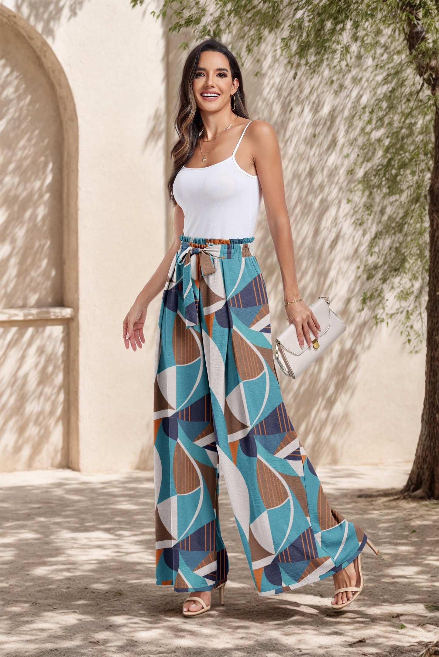 Lepunuo Wide Leg Pants for Women High Waisted Palazzo Pants Work Casual Flowy Tie Knot Trousers with Pockets