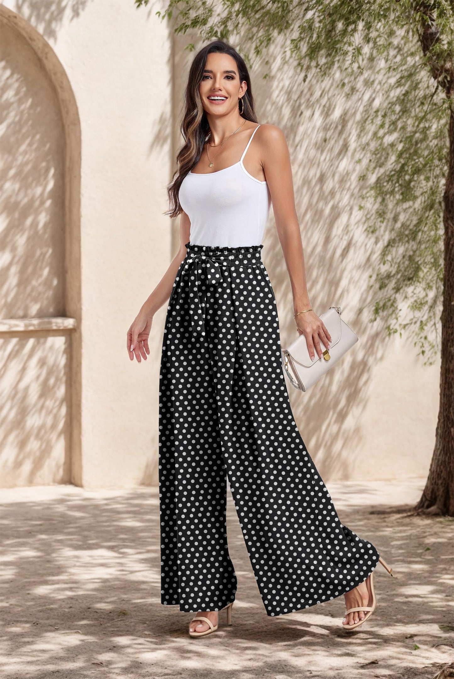 Lepunuo Wide Leg Pants for Women High Waisted Palazzo Pants Work Casual Flowy Tie Knot Trousers with Pockets