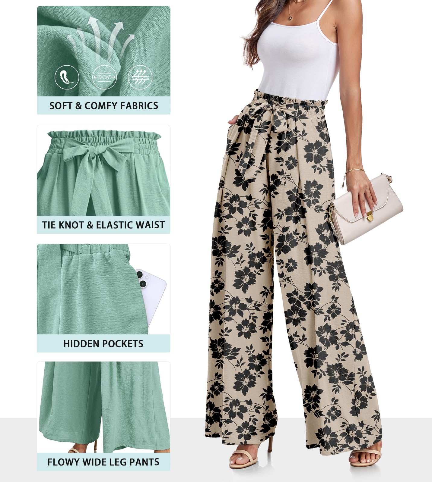 Lepunuo Wide Leg Pants for Women High Waisted Palazzo Pants Work Casual Flowy Tie Knot Trousers with Pockets