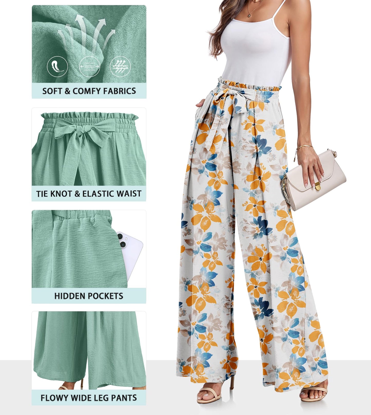 Lepunuo Wide Leg Pants for Women High Waisted Palazzo Pants Work Casual Flowy Tie Knot Trousers with Pockets