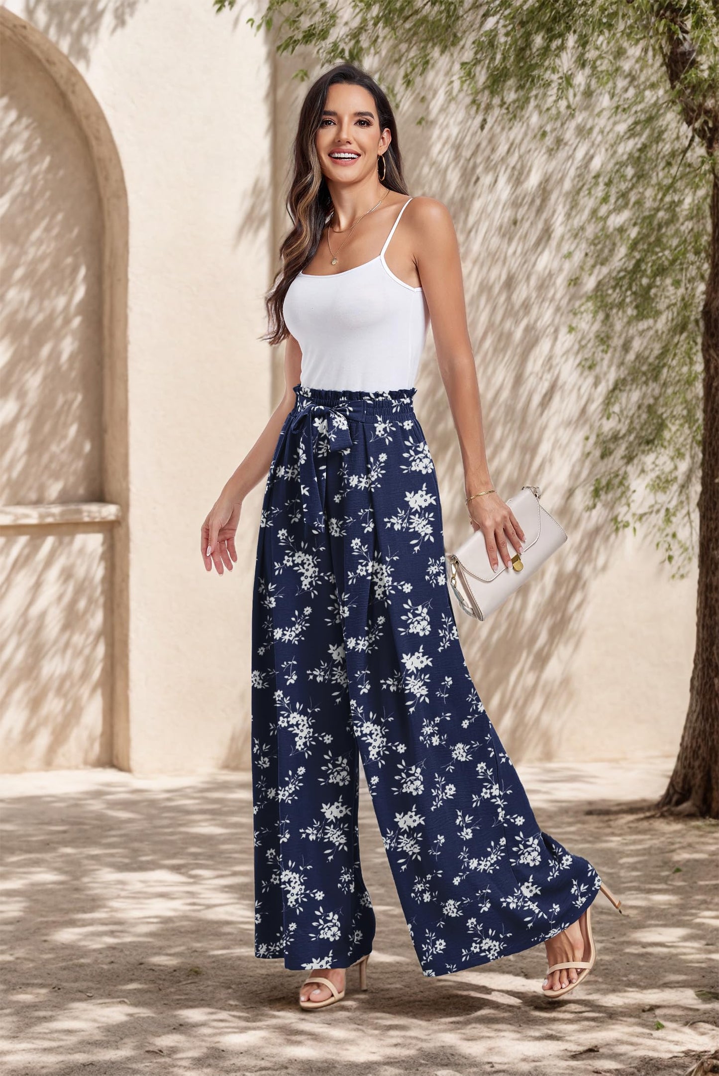 Lepunuo Wide Leg Pants for Women High Waisted Palazzo Pants Work Casual Flowy Tie Knot Trousers with Pockets