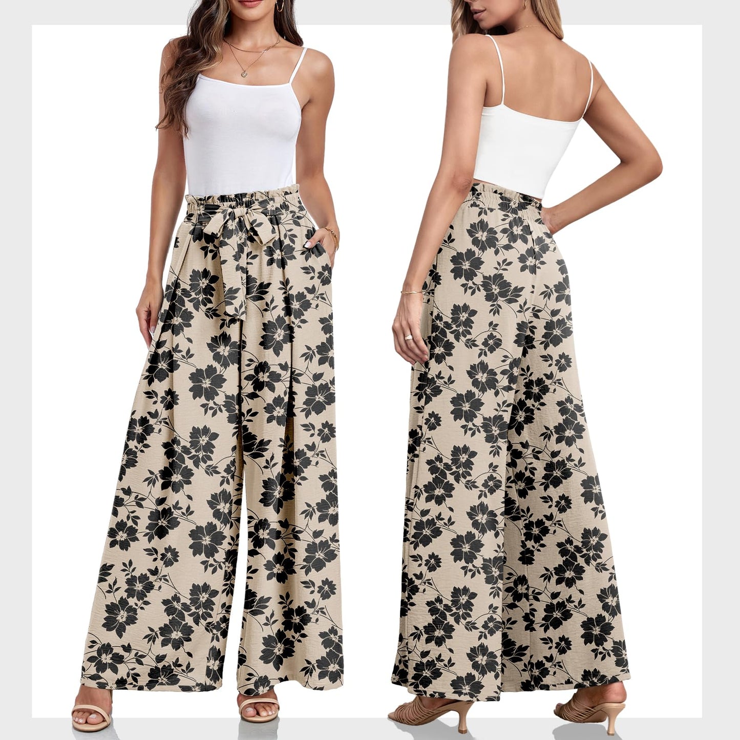 Lepunuo Wide Leg Pants for Women High Waisted Palazzo Pants Work Casual Flowy Tie Knot Trousers with Pockets