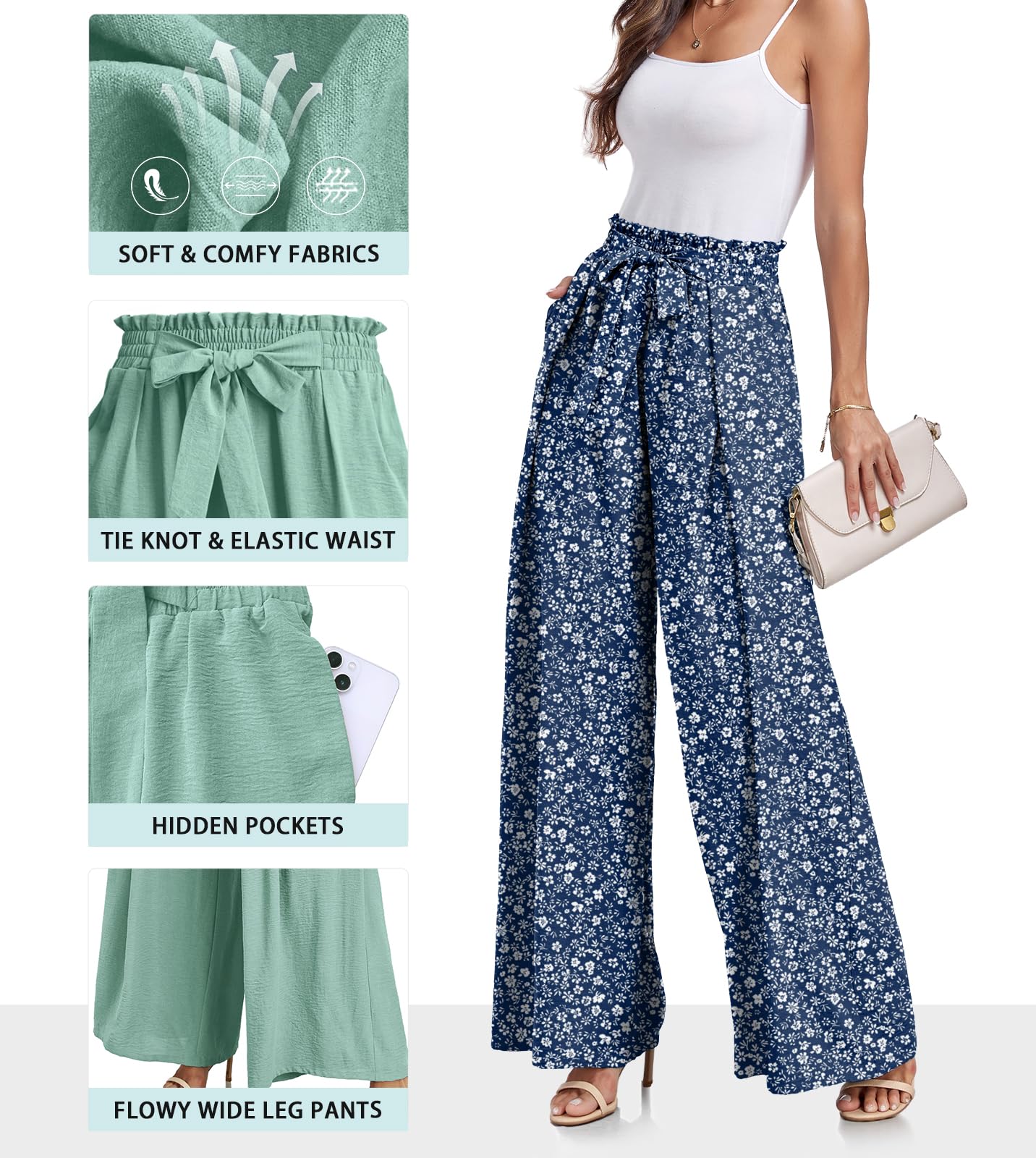 Lepunuo Wide Leg Pants for Women High Waisted Palazzo Pants Work Casual Flowy Tie Knot Trousers with Pockets