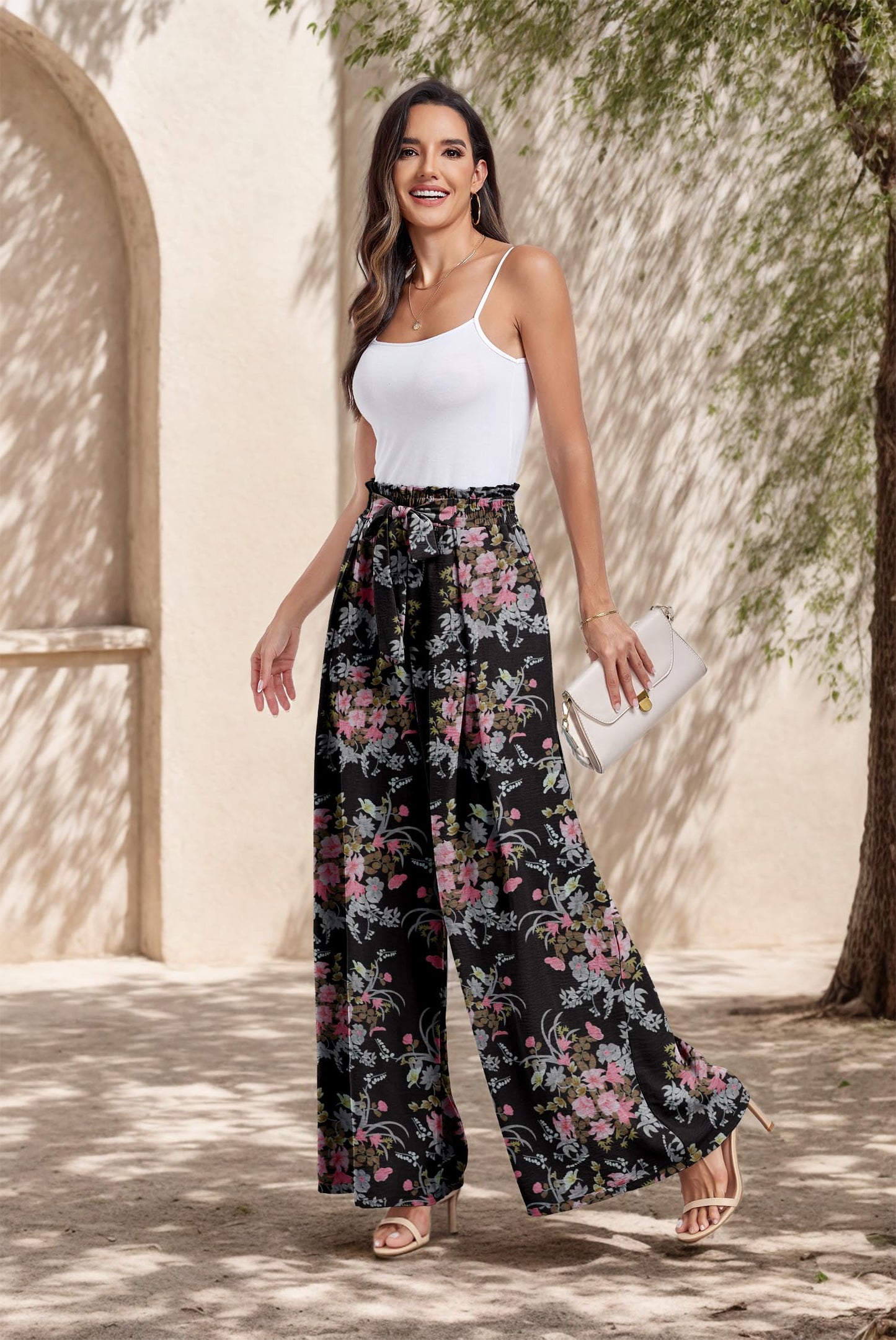 Lepunuo Wide Leg Pants for Women High Waisted Palazzo Pants Work Casual Flowy Tie Knot Trousers with Pockets