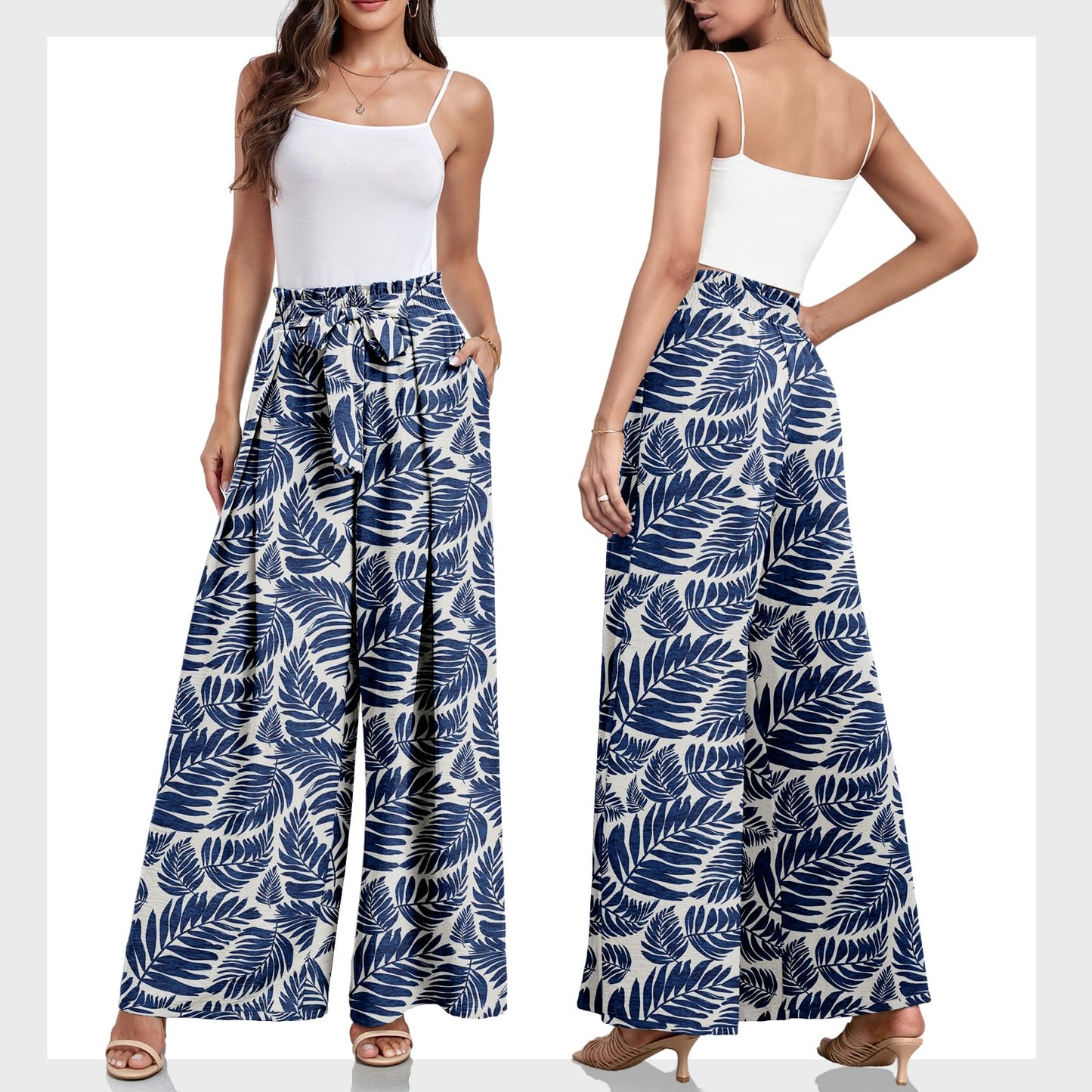 Lepunuo Wide Leg Pants for Women High Waisted Palazzo Pants Work Casual Flowy Tie Knot Trousers with Pockets