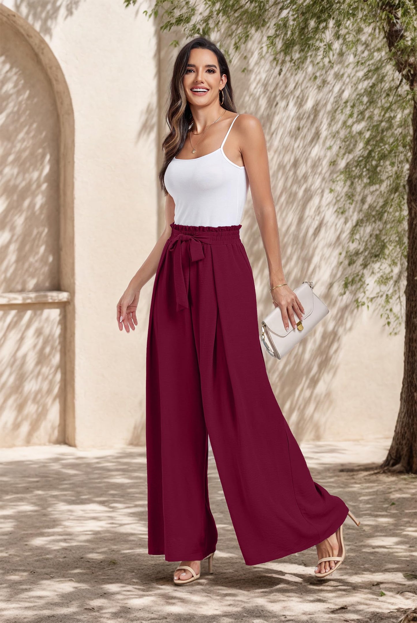 Lepunuo Wide Leg Pants for Women High Waisted Palazzo Pants Work Casual Flowy Tie Knot Trousers with Pockets