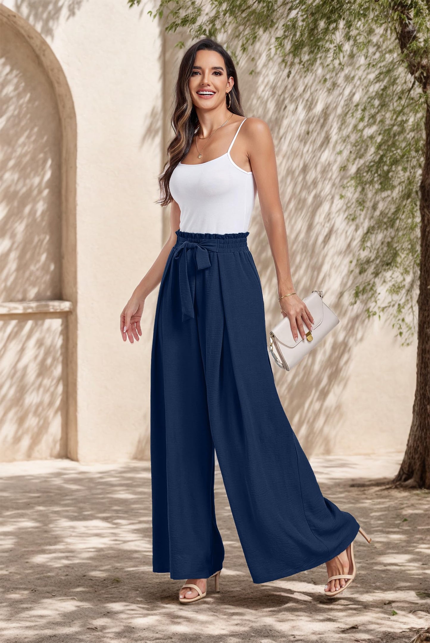 Lepunuo Wide Leg Pants for Women High Waisted Palazzo Pants Work Casual Flowy Tie Knot Trousers with Pockets