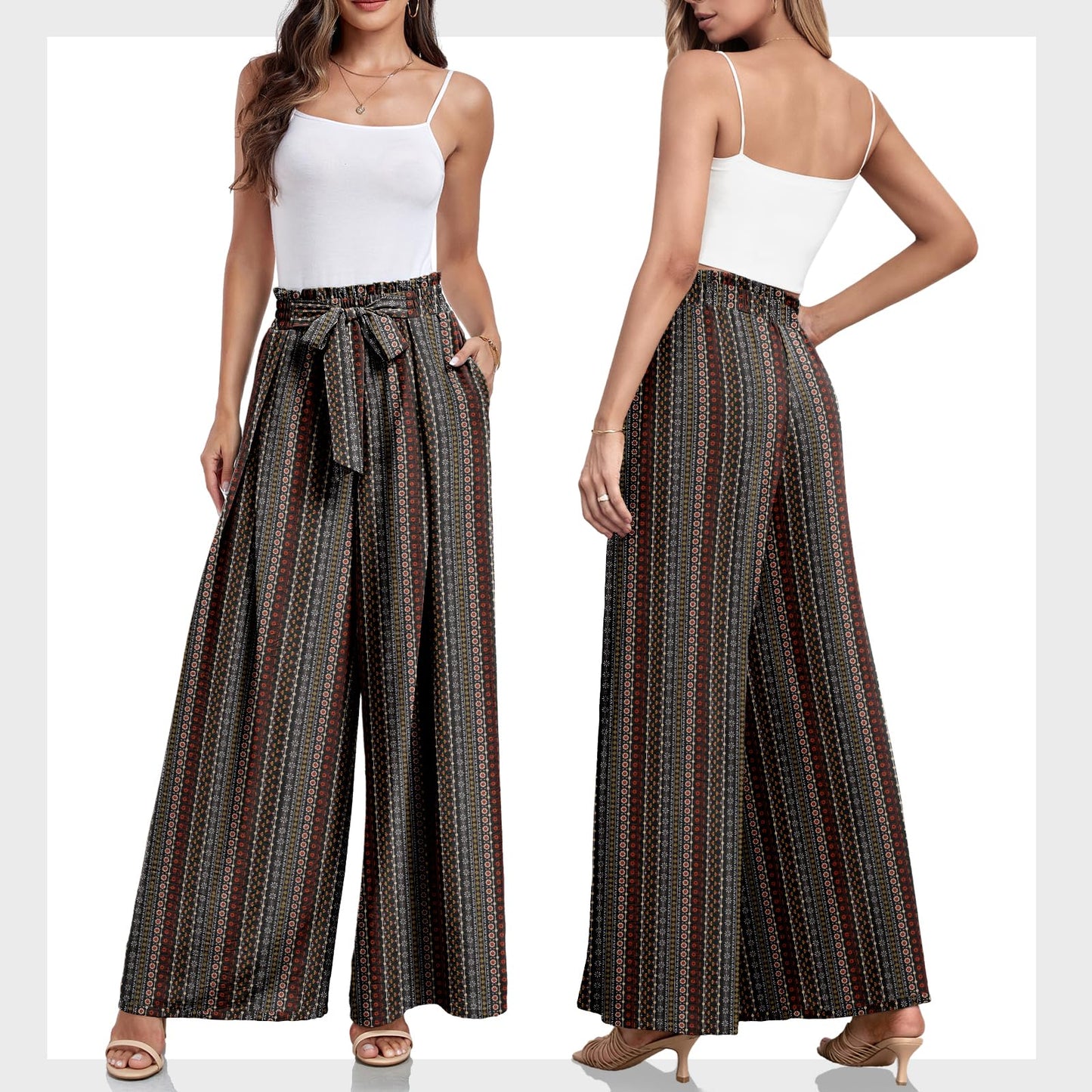 Lepunuo Wide Leg Pants for Women High Waisted Palazzo Pants Work Casual Flowy Tie Knot Trousers with Pockets