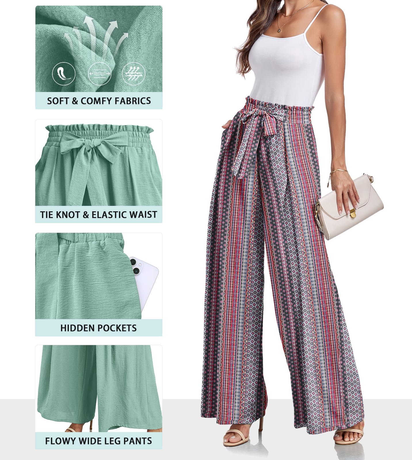 Lepunuo Wide Leg Pants for Women High Waisted Palazzo Pants Work Casual Flowy Tie Knot Trousers with Pockets