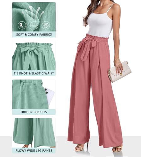 Lepunuo Wide Leg Pants for Women High Waisted Palazzo Pants Work Casual Flowy Tie Knot Trousers with Pockets