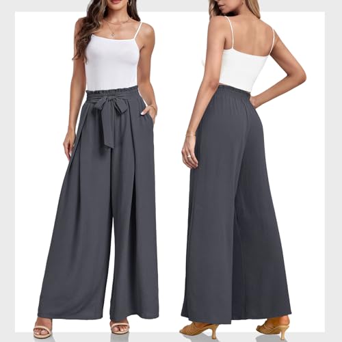 Lepunuo Wide Leg Pants for Women High Waisted Palazzo Pants Work Casual Flowy Tie Knot Trousers with Pockets