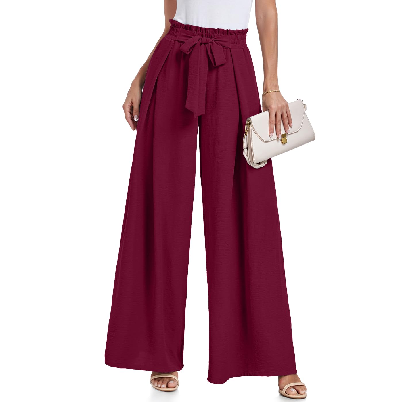 Lepunuo Wide Leg Pants for Women High Waisted Palazzo Pants Work Casual Flowy Tie Knot Trousers with Pockets