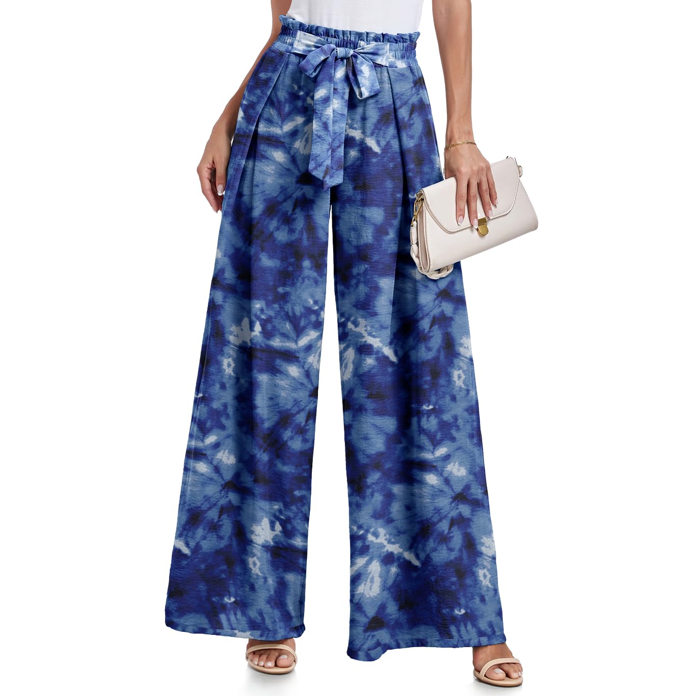 Lepunuo Wide Leg Pants for Women High Waisted Palazzo Pants Work Casual Flowy Tie Knot Trousers with Pockets